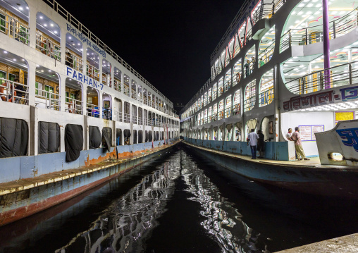 Ferry to Barisal  at Sadaghat Launch Terminal at night, Dhaka Division, Dhaka, Bangladesh