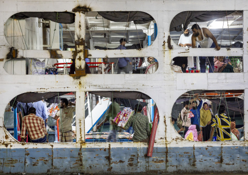 Passengers in a ferry to Barisal  at Sadaghat Launch Terminal, Dhaka Division, Dhaka, Bangladesh