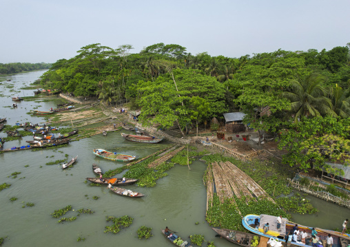 Aerial view of the weekly floating market, Barisal Division, Harta, Bangladesh