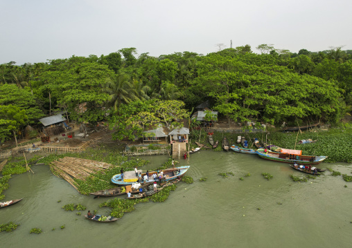 Aerial view of the weekly floating market, Barisal Division, Harta, Bangladesh