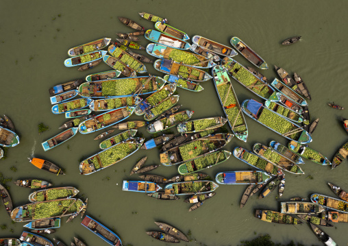 Aerial view of the weekly floating market, Barisal Division, Harta, Bangladesh