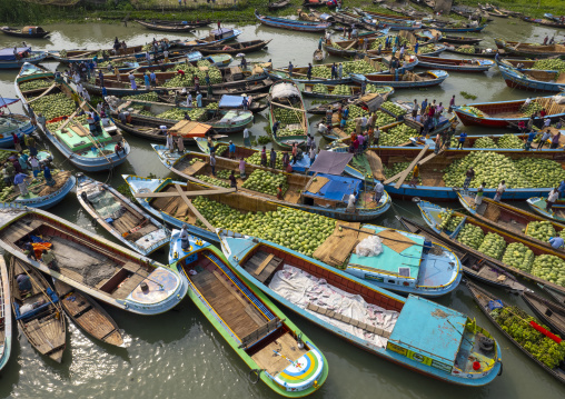 Aerial view of the weekly floating market, Barisal Division, Harta, Bangladesh