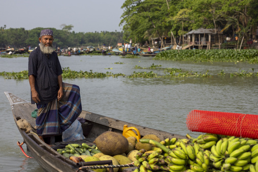 Bangladeshi man selling fruits and vegetables at weekly floating market, Barisal Division, Harta, Bangladesh