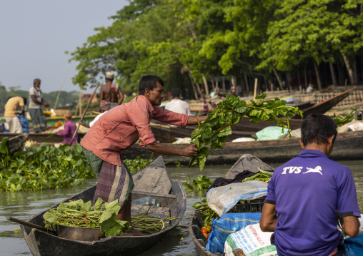 Bangladeshi men selling fruits and vegetables at weekly floating market, Barisal Division, Harta, Bangladesh