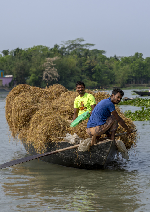 Bangladeshi men rowing on a boat loaded with hay in Sundarbans, Barisal Division, Harta, Bangladesh