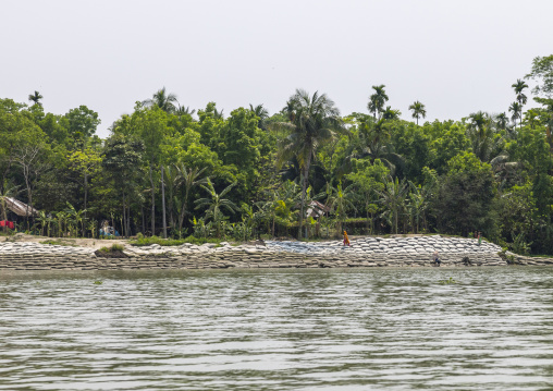 Bags to protect from rising water on the coast in Sundarbans, Barisal Division, Wazirpur, Bangladesh