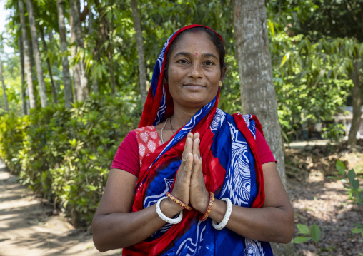 Portrait of an hindu woman with hands joined, Khulna Division, Narail Sadar, Bangladesh