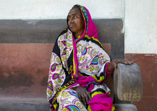 Portrait of a woman sit on a bench, Rajshahi Division, Manda, Bangladesh