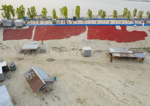 Aerial view of bangladeshi workers who dry red chili pepper, Rajshahi Division, Sariakandi, Bangladesh