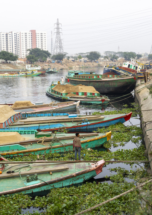 Sand loaded on boats in Amin bazar, Dhaka Division, Sabhar, Bangladesh