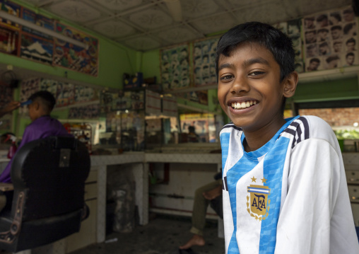 Smiling bangladeshi boy with an Argentina football shirt, Dhaka Division, Rupganj, Bangladesh