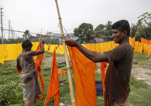 Bangladeshi workers hanging orange fabrics under the sun, Dhaka Division, Rupganj, Bangladesh