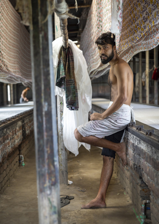 Bangladeshi worker in a block printing workshop, Dhaka Division, Rupganj, Bangladesh