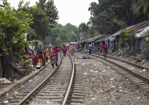 Bangladeshi people living along a railway track in a slum, Chittagong Division, Chittagong, Bangladesh