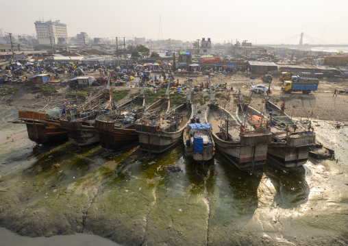 Aerial view of trawlers anchored in front of the fish market, Chittagong Division, Chittagong, Bangladesh