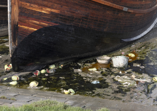 Trashes near a trawler in the fish market, Chittagong Division, Chittagong, Bangladesh