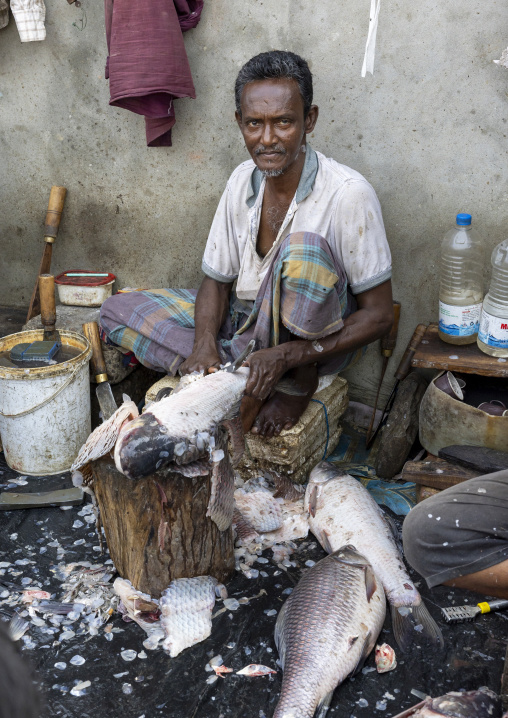 Bangladeshi man removing fish scales at fish market, Chittagong Division, Chittagong, Bangladesh