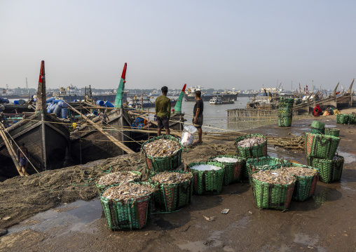 Buckets of fishes unloaded from trawlers in the fish market, Chittagong Division, Chittagong, Bangladesh