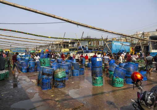 Blue barrels in the morning fish market, Chittagong Division, Chittagong, Bangladesh