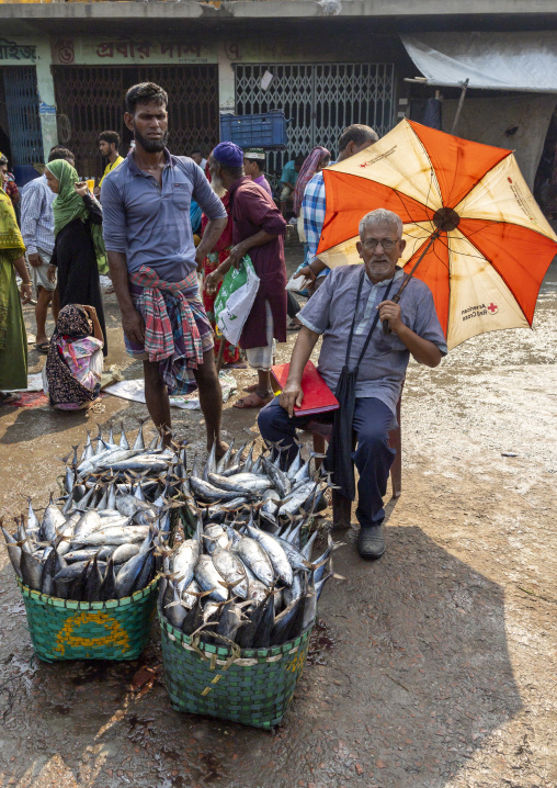 Bangladeshi man selling fishes in fish market, Chittagong Division, Chittagong, Bangladesh