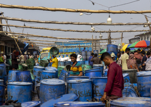 Blue barrels in the morning fish market, Chittagong Division, Chittagong, Bangladesh