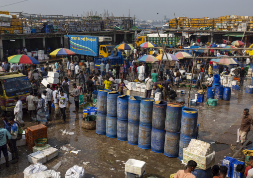 High angle view of the morning fish market, Chittagong Division, Chittagong, Bangladesh