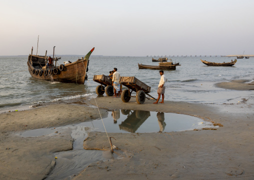 Bangladeshi fishermen unloading fishes on the beach, Chittagong Division, Cox's Bazar Sadar, Bangladesh