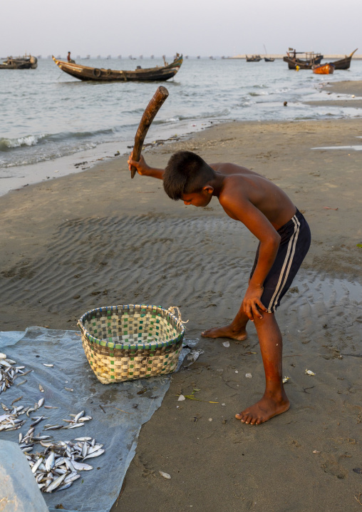 Bangladeshi boy crashing ice on the beach, Chittagong Division, Cox's Bazar Sadar, Bangladesh