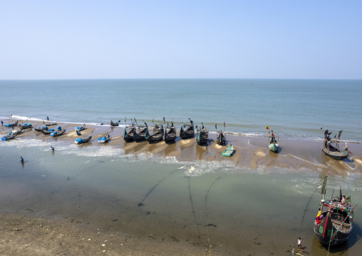 Aerial view of traditional Bangladeshi moon fishing boats, Chittagong Division, Cox's Bazar Sadar, Bangladesh