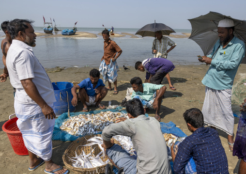 Bangladeshi man selling fishes on the beach, Chittagong Division, Cox's Bazar Sadar, Bangladesh