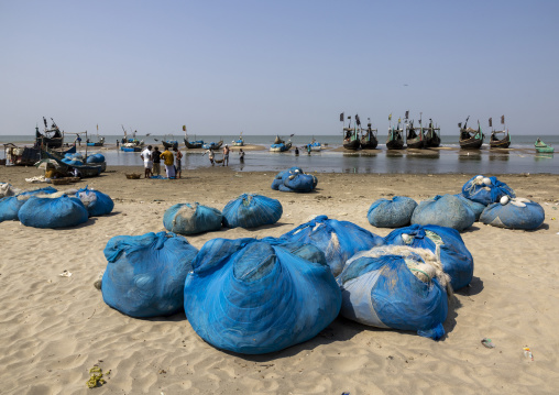 Bangladeshi moon fishing boats and fishing nets, Chittagong Division, Cox's Bazar Sadar, Bangladesh