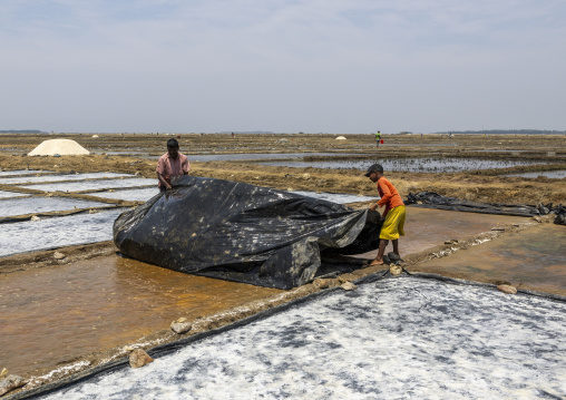 Bangladeshi men working in a salt field, Chittagong Division, Maheshkhali, Bangladesh