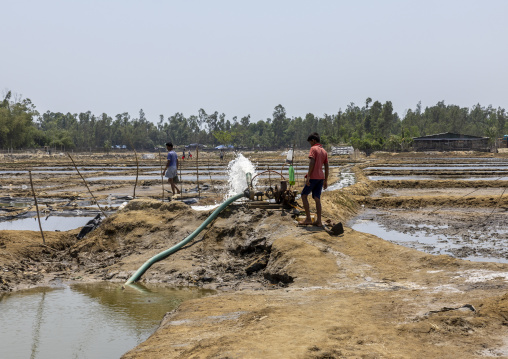 Bangladeshi men putting water with a pump in a salt field, Chittagong Division, Maheshkhali, Bangladesh