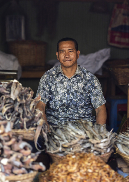 Portrait of a Chakma tribe man selling dried fishes at market, Chittagong Division, Rangamati Sadar, Bangladesh