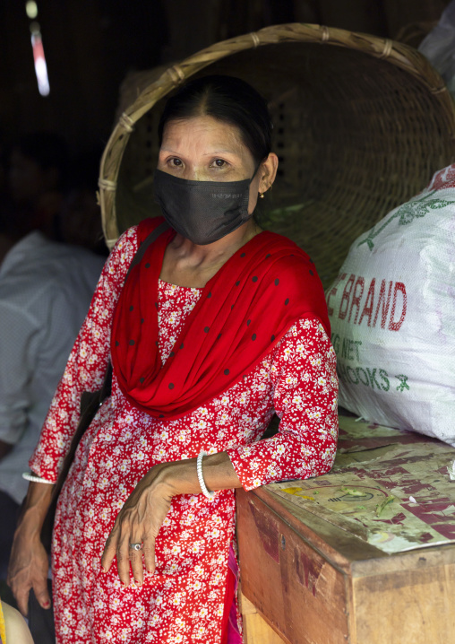 Portrait of a Chakma tribe woman wearing a covid mask, Chittagong Division, Rangamati Sadar, Bangladesh