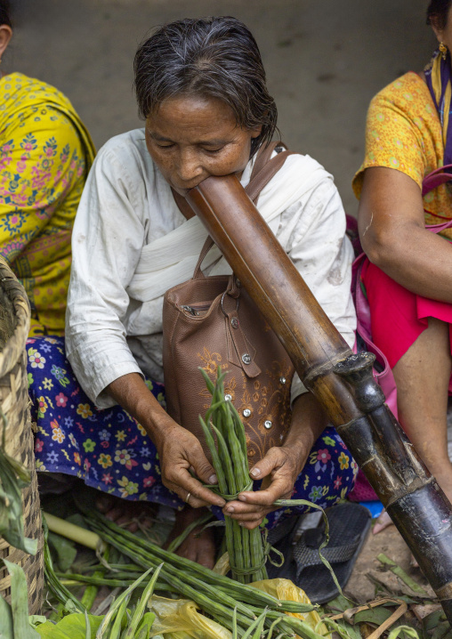 Chakma tribe woman smoking bamboo pipe, Chittagong Division, Rangamati Sadar, Bangladesh