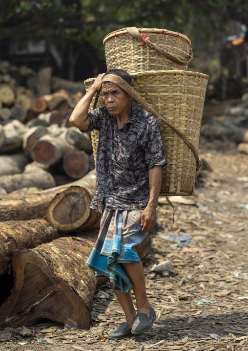 Chakma tribe man carrying heavy baskets, Chittagong Division, Rangamati Sadar, Bangladesh