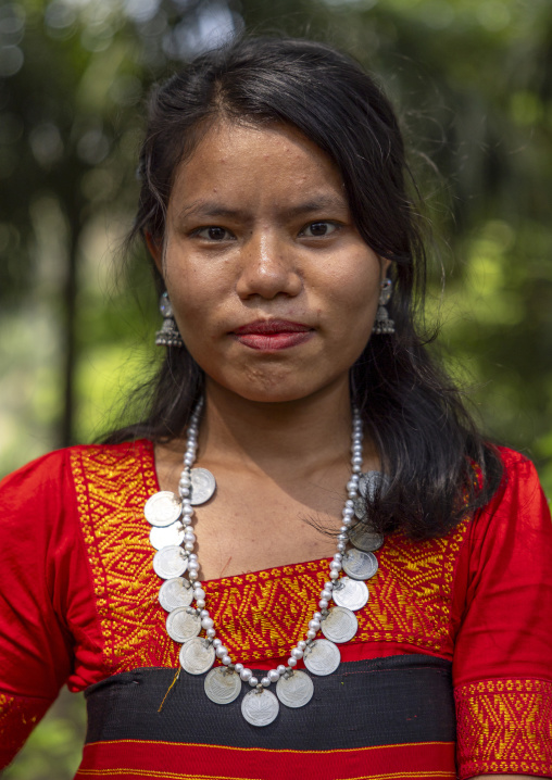 Chakma young woman in traditional clothing celebrating Biju festival, Chittagong Division, Rangamati Sadar, Bangladesh