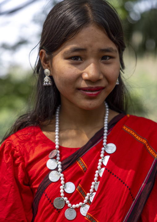 Chakma young woman in traditional clothing celebrating Biju festival, Chittagong Division, Rangamati Sadar, Bangladesh