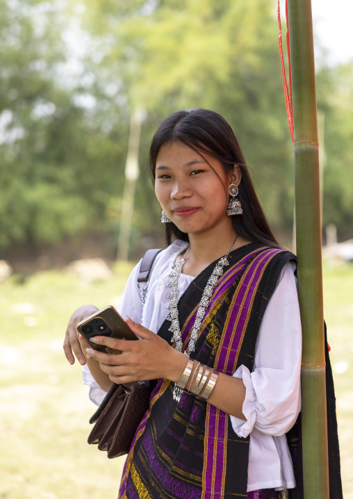 Chakma young woman in traditional clothing celebrating Biju festival, Chittagong Division, Kawkhali, Bangladesh