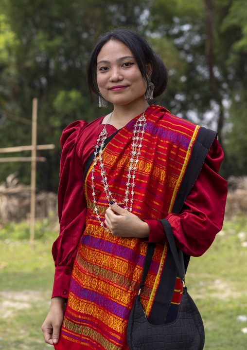 Chakma young woman in traditional clothing celebrating Biju festival, Chittagong Division, Kawkhali, Bangladesh