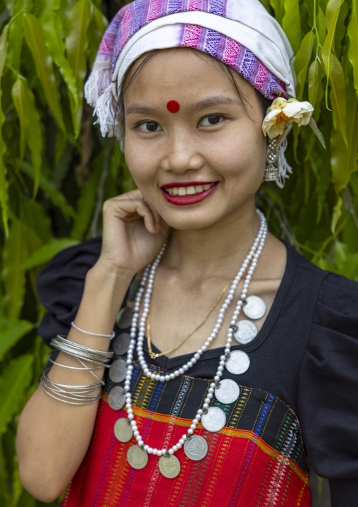 Chakma young woman in traditional clothing celebrating Biju festival, Chittagong Division, Kawkhali, Bangladesh