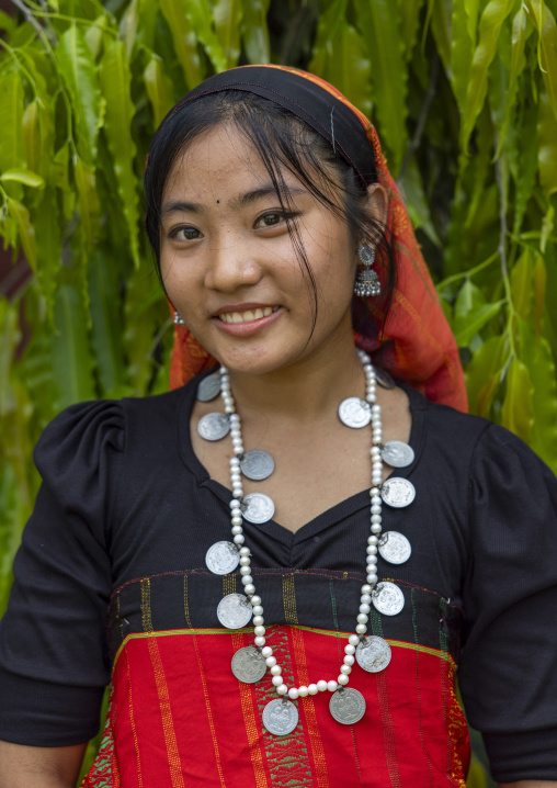 Chakma young woman in traditional clothing celebrating Biju festival, Chittagong Division, Kawkhali, Bangladesh