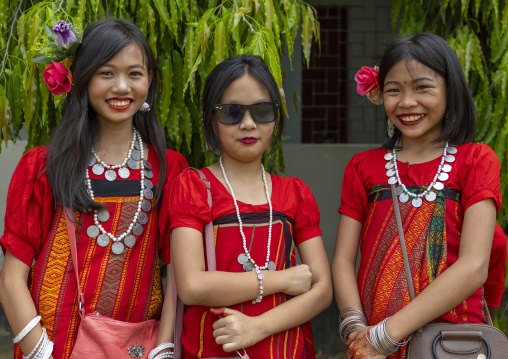 Chakma women in traditional clothing celebrating Biju festival, Chittagong Division, Kawkhali, Bangladesh