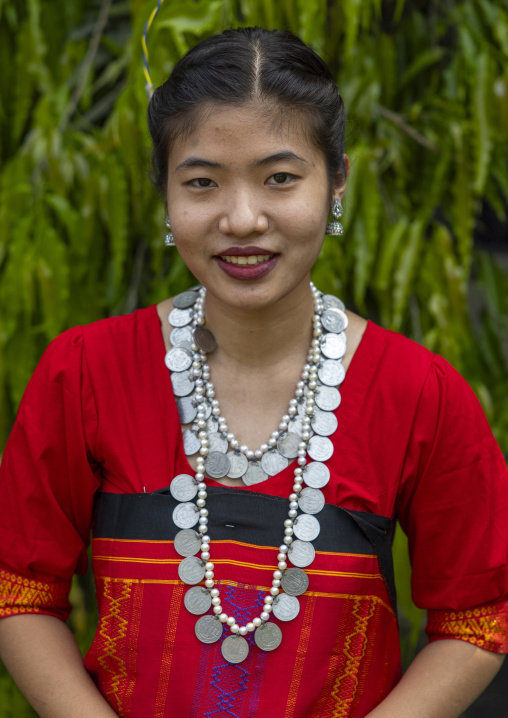 Chakma young woman in traditional clothing celebrating Biju festival, Chittagong Division, Kawkhali, Bangladesh