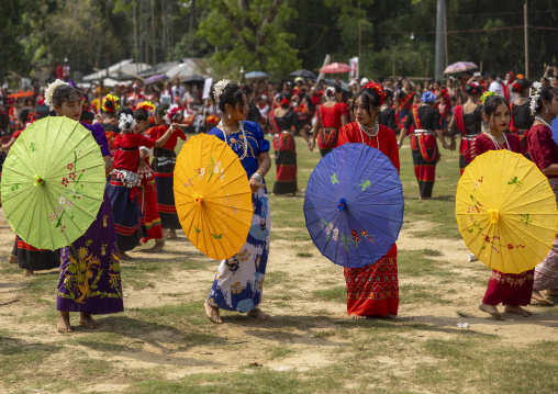 Chakma women in traditional clothing celebrating Biju festival, Chittagong Division, Kawkhali, Bangladesh