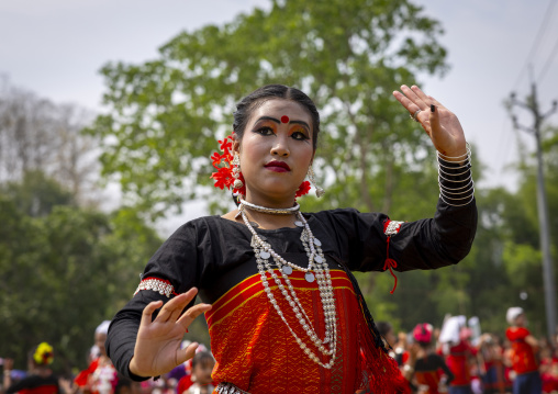 Chakma young woman in traditional clothing celebrating Biju festival, Chittagong Division, Kawkhali, Bangladesh