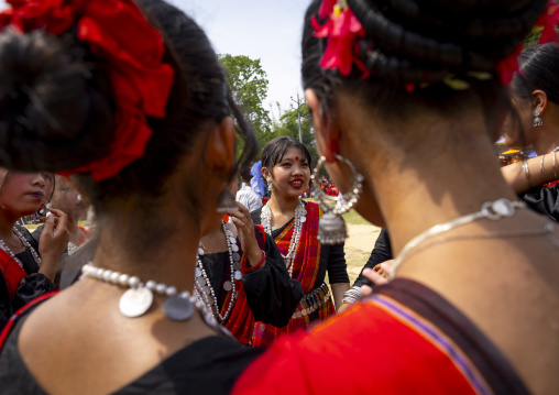 Chakma women in traditional clothing celebrating Biju festival, Chittagong Division, Kawkhali, Bangladesh