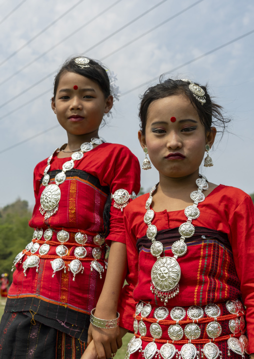 Chakma girls in tradtional clothing celebrating Biju festival, Chittagong Division, Kawkhali, Bangladesh