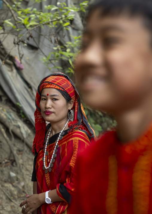 Chakma woman in traditional clothing celebrating Biju festival, Chittagong Division, Kawkhali, Bangladesh